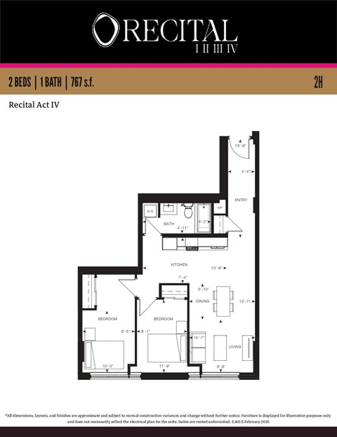 Floor plan for 2 beds, 1 bath, 767 sqft